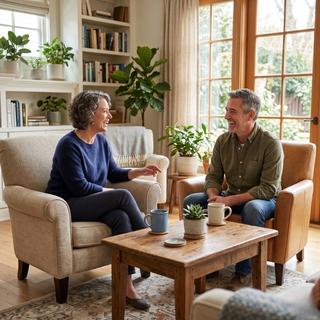 Two individuals in a friendly discussion, showing the positive results of effective conflict resolution strategies.