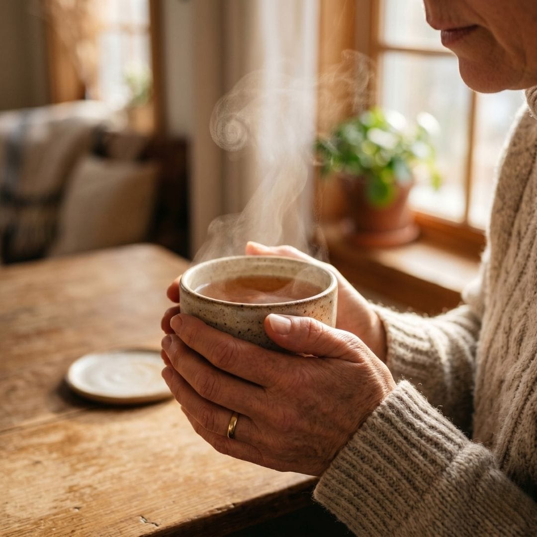 A person practicing calming breathing techniques while holding tea, illustrating successful emotional regulation.