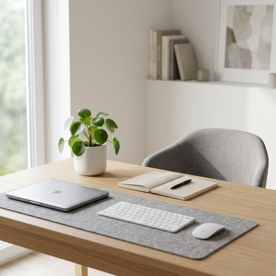 An organized, peaceful desk with a plant, symbolizing the internal order brought by cognitive behavioral therapy.